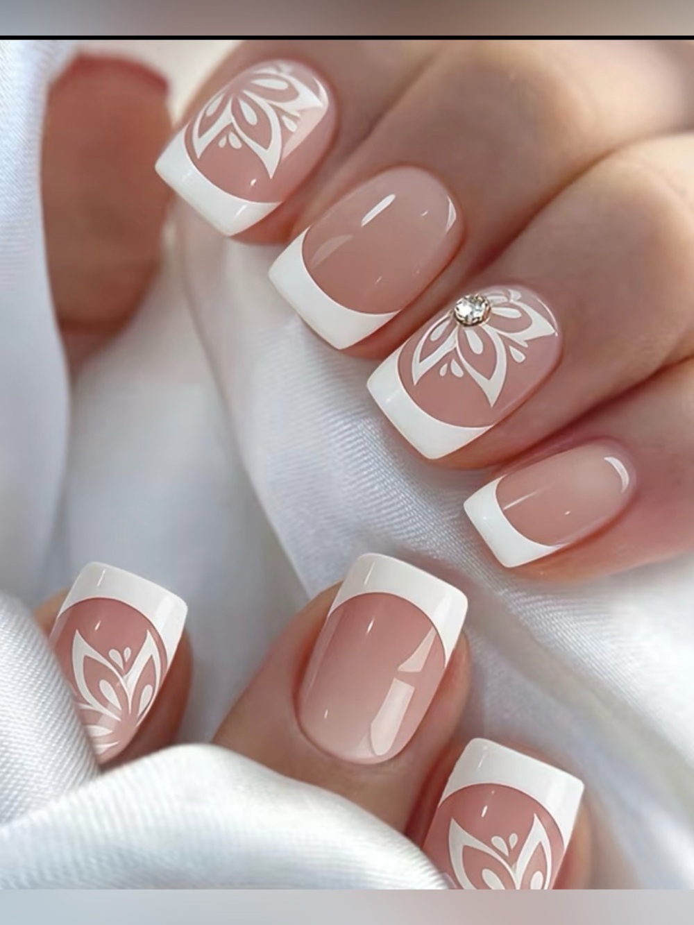 Classic White French Tips with Floral Accent and Rhinestone